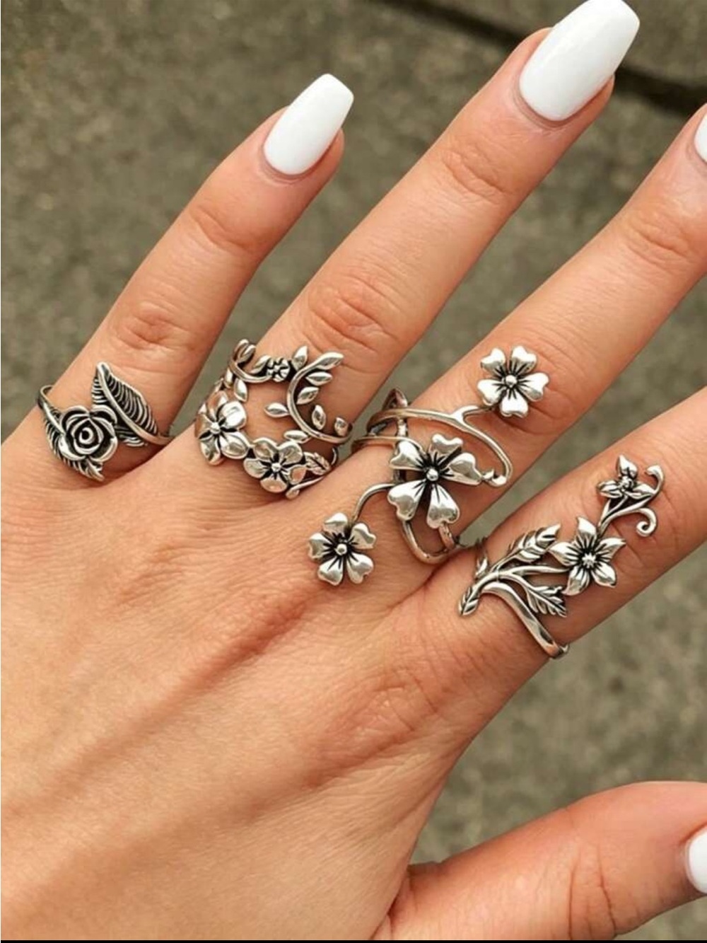 Floral Silver Tone Stackable Adjustable Women's Rings Set -Elegant Flower Design